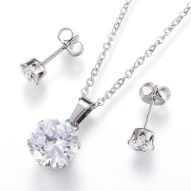 Stainless Steel 304 Set - Chain with Pendant+Earrings with Zirconium Eye, 10 mm, 1 set MD2071