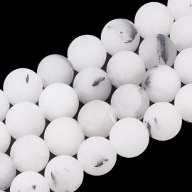 Natürliche Perlen aus Rutilo-Quarz 8,5-9 mm, 1 Strang weiß mit schwarzen Einschlüssen