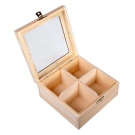 Medinė dėžutė arbatai 4 sk. su stiklu 16x16x8 cm MED0048