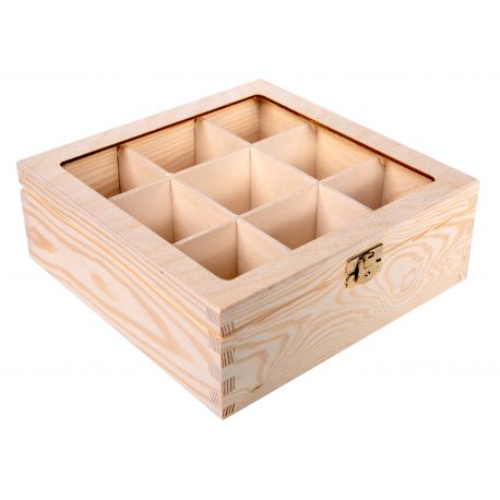Wooden box for tea with glass 22,5x22,5x8 cm 9sk. 1 pc. MED0052