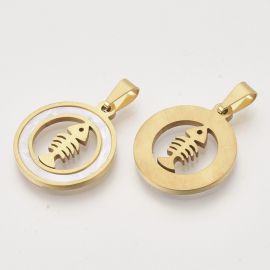 Nerūdijančio plieno 201 pakabukas su kriauklės intarpu "Fishbone", 23x20x2 mm., 1 vnt. MD2392
