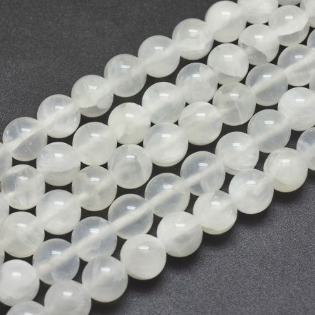 Akmeniai karoliukai - Natūralūs Selenito karoliukai. Baltos spalvos Apvalios pusiau skaidrūs dydis 10 mm 1 gija