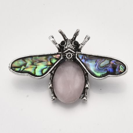 Sagė/pakabukas "Bitė" su natūraliu Rožinio Kvarco kabošonu ir Abalone kriaukle 56x36x14 mm. 1 vnt.