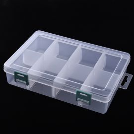 Dėžutės - Plastikinė dėžutė. Skaidri su išimamais borteliais 8 skyreliai ilgis skyrelių dydis ~62x44x4 cm dydis 22x14x5 cm 1 vn