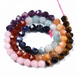 Chakra beads: Tiger Eye, Rose Quartz, Topaz Jade, Red Agate, Amazonite, Sodalite 7-6x6-5 mm. 1 thread