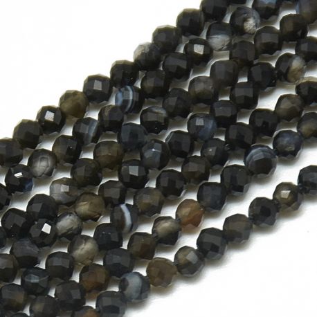 Steinperlen - Natürliche Obsidianperlen. Schwarz-weiß-grau-braune Farben. Rund facettiert, Größe 2–25 mm. 1