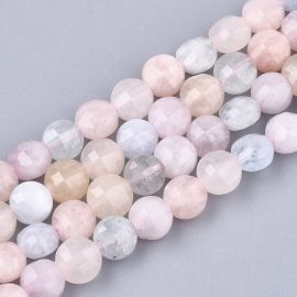 Steinperlen - Natürliche Morganitperlen. Rosa-bläulich-grüne Farben. Münze facettiert, Größe 6 mm, 1 Faden