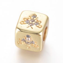 Accessories for jewelry - Brass insert "Bee" with Zircon eyes. Gold color Cube inner hole size ~3 mm transparent sp