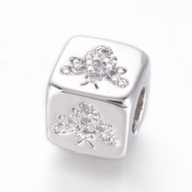 Accessories for jewelry - Brass insert "Bee" with Zircon eyes. Platinum color Cube inner hole size ~3 mm transparent