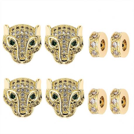 Accessories for jewelry - Set of brass inserts with Zirconia eyelets. Gold-colored Leopard transparent eyelet rings