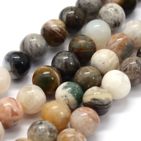 Steinperlen - Natürliche Bambusachatperlen. Grau-weiß-braune Farbe, rund, Größe 10 mm, 1 Faden