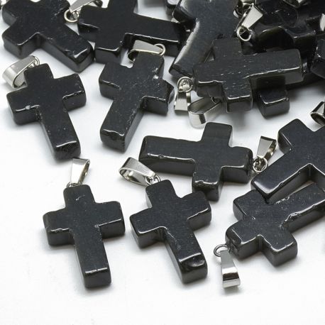 Natürlicher Achat-Anhänger „Kreuz“. Schwarzes Kreuz aus Edelstahl, Metallteil, Größe 30 x 19 x 6 mm, 1 Stk