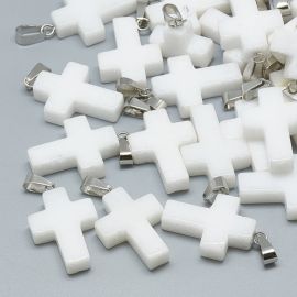 Natural white jade pendant "Cross". The size of the white cross stainless steel metal part is 30x19x6 mm