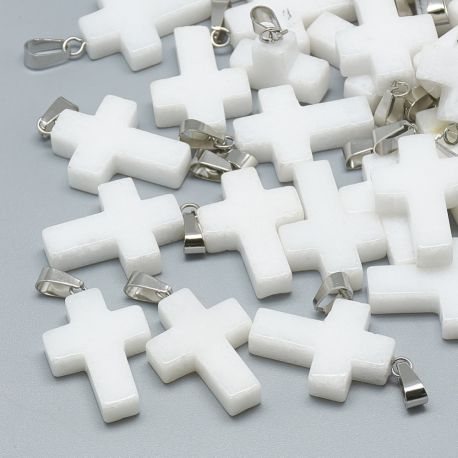 Natürlicher weißer Jade-Anhänger „Kreuz“. Die Größe des weißen Kreuz-Edelstahl-Metallteils beträgt 30 x 19 x 6 mm