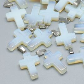 Synthetic Opalite pendant "Cross". White cross semi-transparent stainless steel metal detail size 30