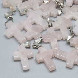 Natural Rose Quartz pendant "Cross". Light pink cross stainless steel metal piece size 3