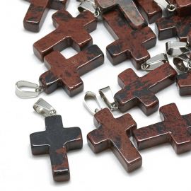 Natural Mahogany Obsidian pendant "Cross". Dark brown with black inserts cross stainless plie
