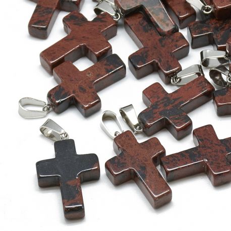 Natürlicher Mahagoni-Obsidian-Anhänger „Kreuz“. Dunkelbraun mit schwarzen Einsätzen aus rostfreiem Kreuzgewebe