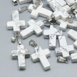 Natural Howlit pendant "Cross". White with gray stripes cross stainless steel metal det