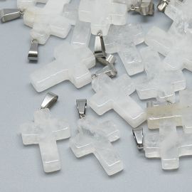 Natural Quartz pendant "Cross". White cross semi-transparent stainless steel metal detail size 30x1