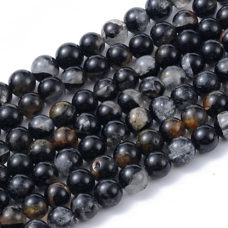 Natürliche schwarze Turmalinperlen. Schwarz-grau-weiß-braune Farbe, runde Größe, Größe ~ 8 mm, 1 Faden