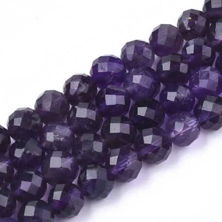 Natürliche Amethystperlen. Violette Farbe, rund, facettiert, teilweise transparent, Größe 8 x 7 mm, 1 Faden