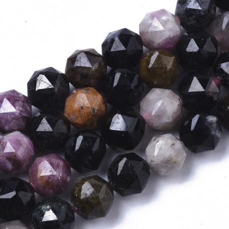 Natural tourmaline beads. Black-gray-green-lilac color round ribbed size 8-9 mm 1 thread