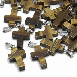 Natürlicher Tigerauge-Anhänger „Kreuz“. Dunkelbraun mit gelbem Glanzkreuz aus Edelstahl met