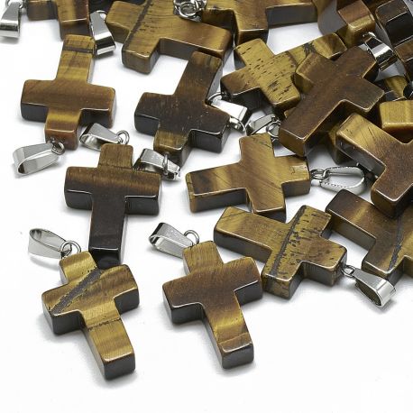 Dabīgs tīģera acs kulons "Cross". Tumši brūns ar dzeltenu spīdumu krustu nerūsējošā tērauda met